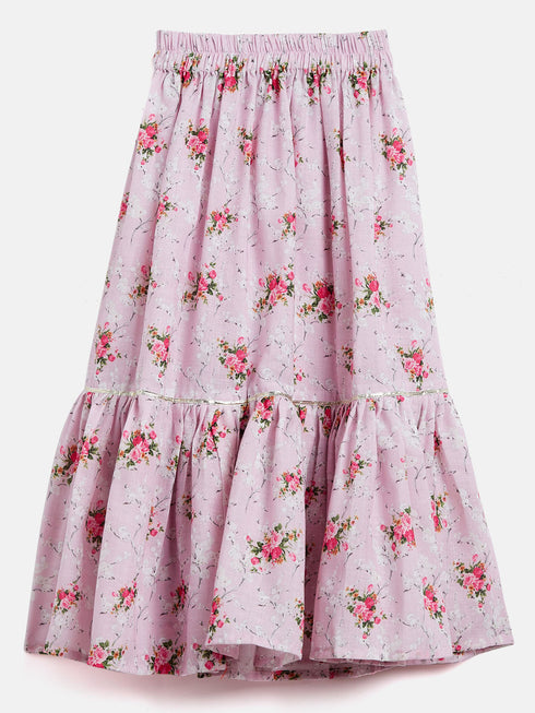 Vastramay SISHU Girl's Printed Linen Crop Top And Ruffle Skirt Set